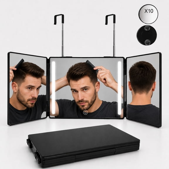 Efoee 3 Way Mirror for Hair Cutting with LED, Foldable Makeup Mirror,Rechargeable 360°,5X Magnifier,for Makeup and Styling,Black