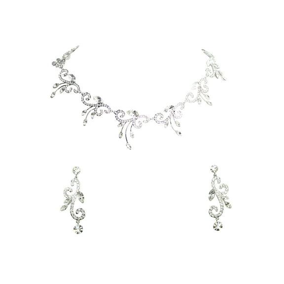 Faship Gorgeous Clear Rhinestone Crystal Floral Necklace Earrings Set