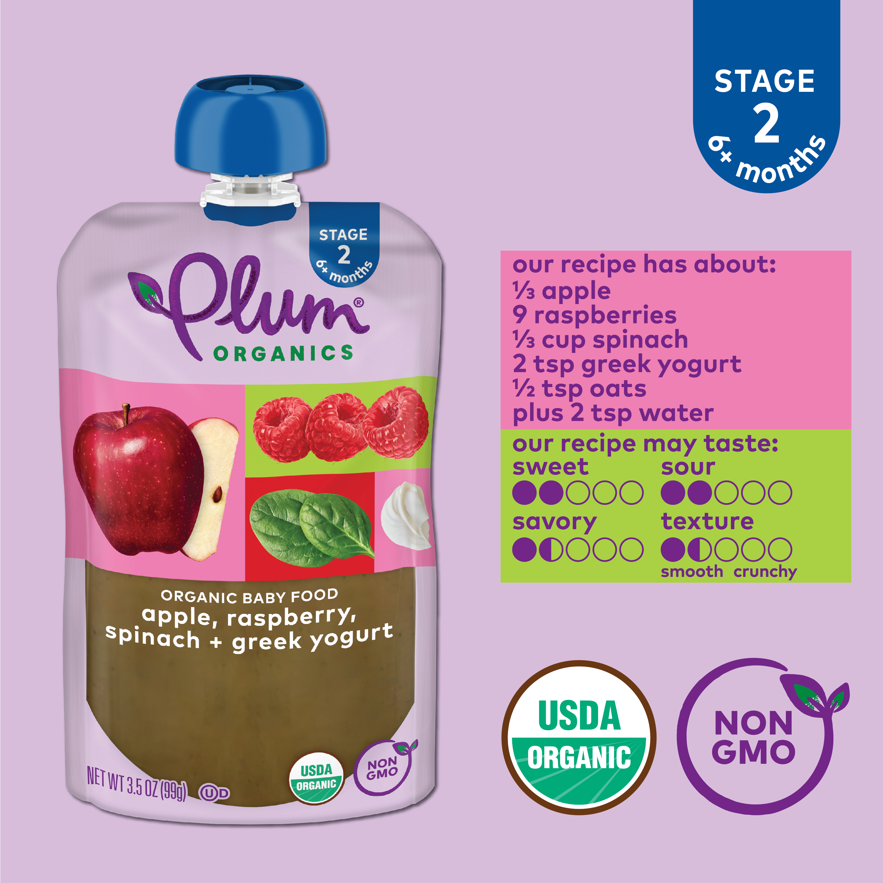 Plum Organics Stage 2 Baby Food, Apple Raspberry Spinach & Greek Yogurt, 3.5 oz Pouch, 6 Count