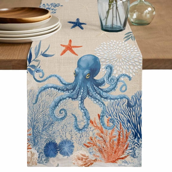 Coastal Blue Octopus Table Runner 72 Inches, Retro Nautical Coral Starfish Leaves Bed Runner Dresser Scarves Tabletop for Indoor Outdoor Parties/Ceremony/Banquet, 14" x 72"