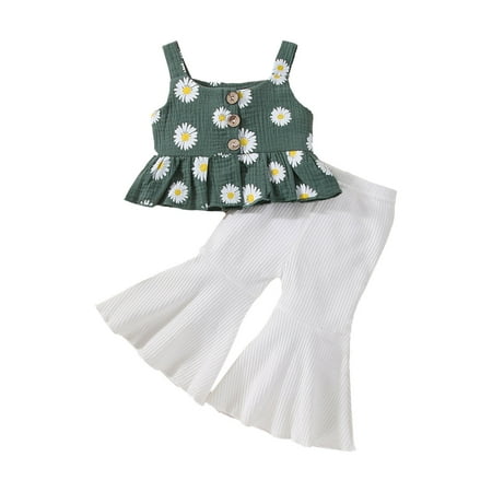 

NKOOGH Toddler Girls Outfit Checke Pants Girls Toddler Girls Sleeveless Floral Printed T Shirt Vest Tops Bell Bottoms Pants Kids Outfits