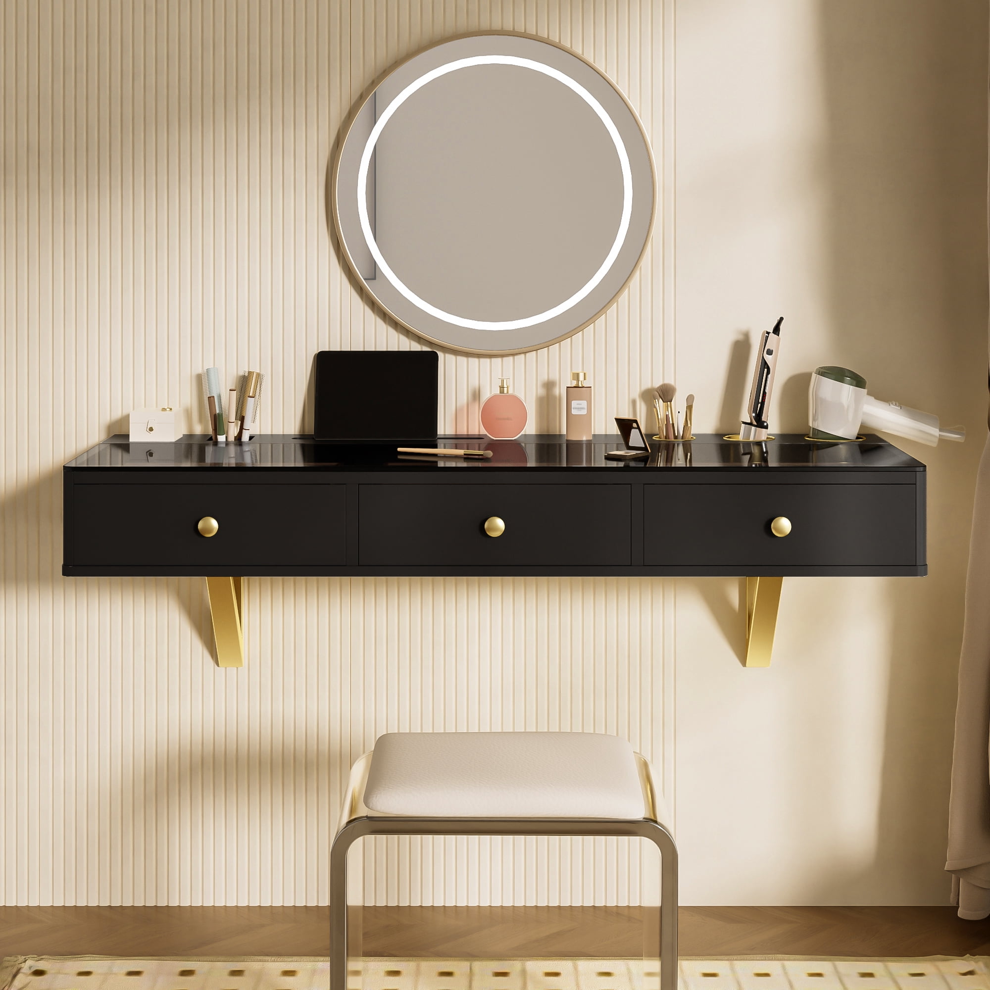 GO 47" Floating Shelf with Drawer, Multi-Purpose Wall-Mounted Vanity Table, Mounted Desk, Floating Table for Bedroom, Bathroom, Hairdressers, Black and Golden