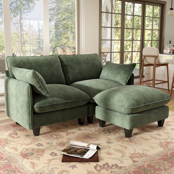 BedLuxury 71'' Loveseat Sofa with Movable Ottoman, Cozy Deep Seat Cloud Couch for Living Room,Apartment,Office, 2-Seat,Green
