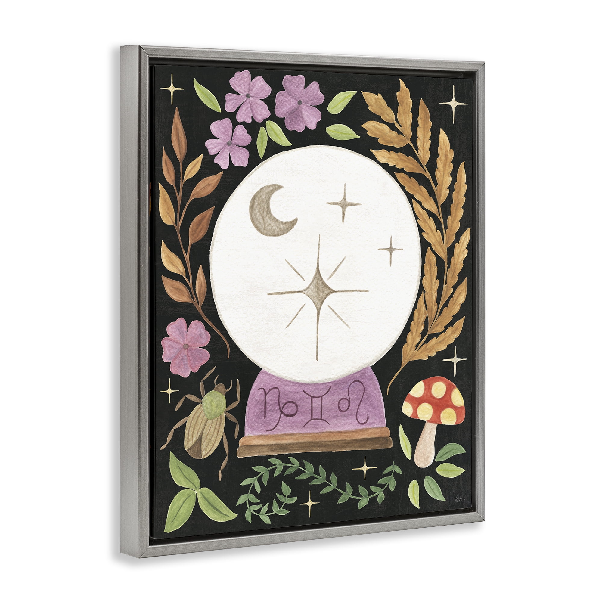 Stupell Industries Spooky Chic Crystal Ball Astrology & Stars Painting Gray Floater Framed Canvas Art Print Wall Art, 17 x 21