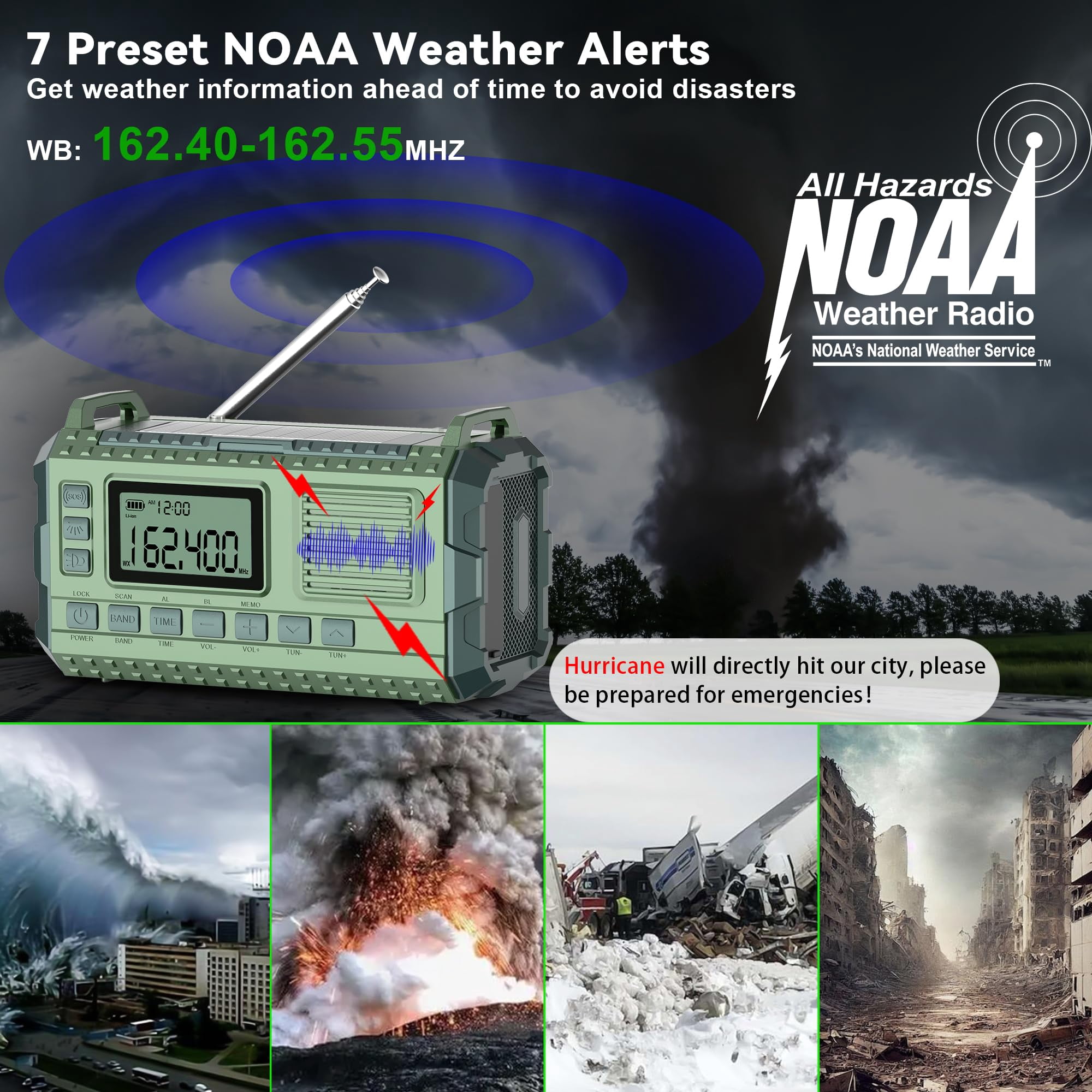 Emergency Weather Radio - Am/fm/noaa Hand Crank With 15w Fast Charge  40000mah Portable Solar Power Multi-function Flashlight & Sos Alarm For Outdoor Indoor Emergencies (green)