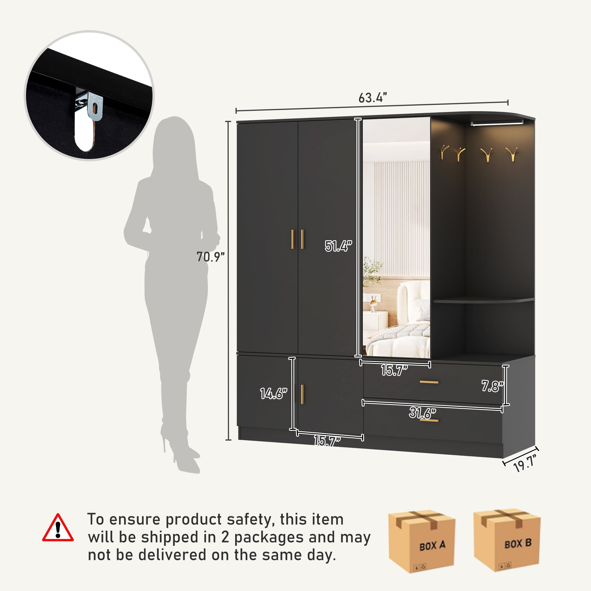 Blotout 3 Door Armoire Wardrobe Closet with Mirror & Sensor Lights, 70'' Large Wardrobe Armoire with 2 Drawers & Shelves, Modern Wooden Armoire Storage with Hanging Rod for Bedroom, Black