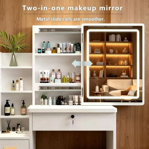 Vanity Table Set includes LED-lit mirror, bedroom makeup table with storage and cushioned stool, Vanity Desk for Women (White)
