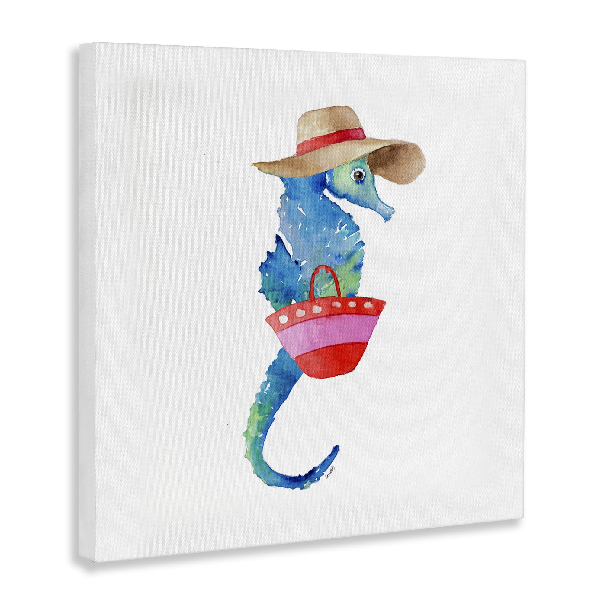 Stupell Industries Seahorse in Beach Hat Novelty Painting Gallery Wrapped Canvas Art Print Wall Art, 36 x 36