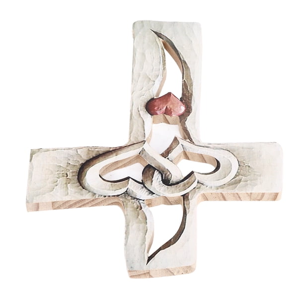 Cruz de Tallada A Mano para Colgar en la Pared para decoración del Hogar, Sala de Estar, Estudio, Oficina, Jardín, Corazones Entelazados, Cruz de Sagrada de 9,1 x 6,7 Pulgadas