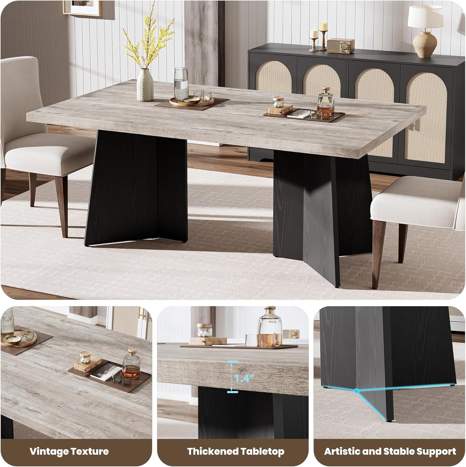 Dining Table for 6-8 People - 63" Modern Long Kitchen Table with Large Tabletop & Pedestal Legs, Dinner Table for Kitchen, Conference Room, Home, Grey & Black
