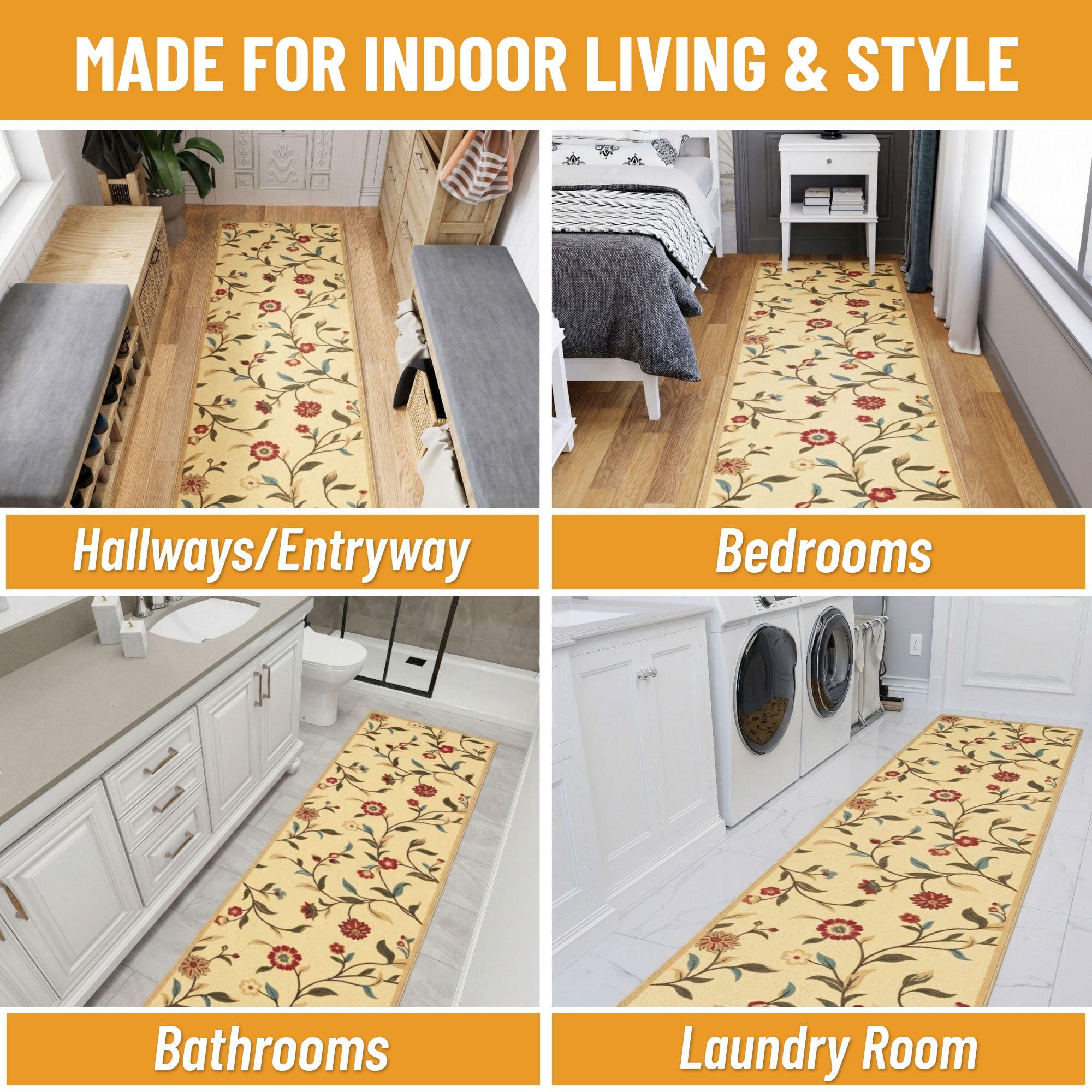 Ottomanson Non-Slip Indoor Entryway Rug 1'10.5" x 3' – Low Pile Stain Resistant Door Mat, Floral Beige