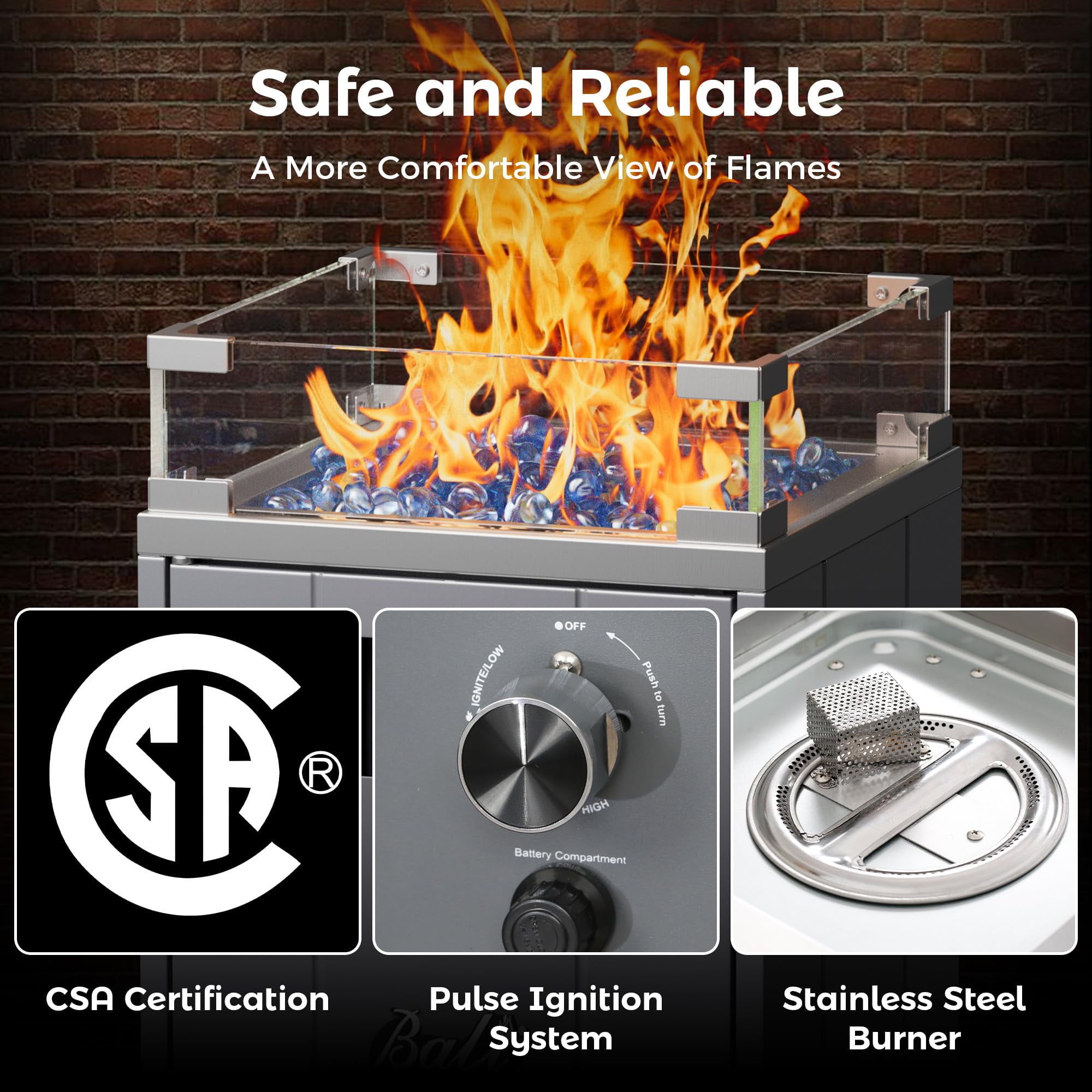 BALI OUTDOORS 37'' * 15'' Propane Fire Pit, Outside Gas Firebowl with Glass Wind Guard & Fire Glass Stone