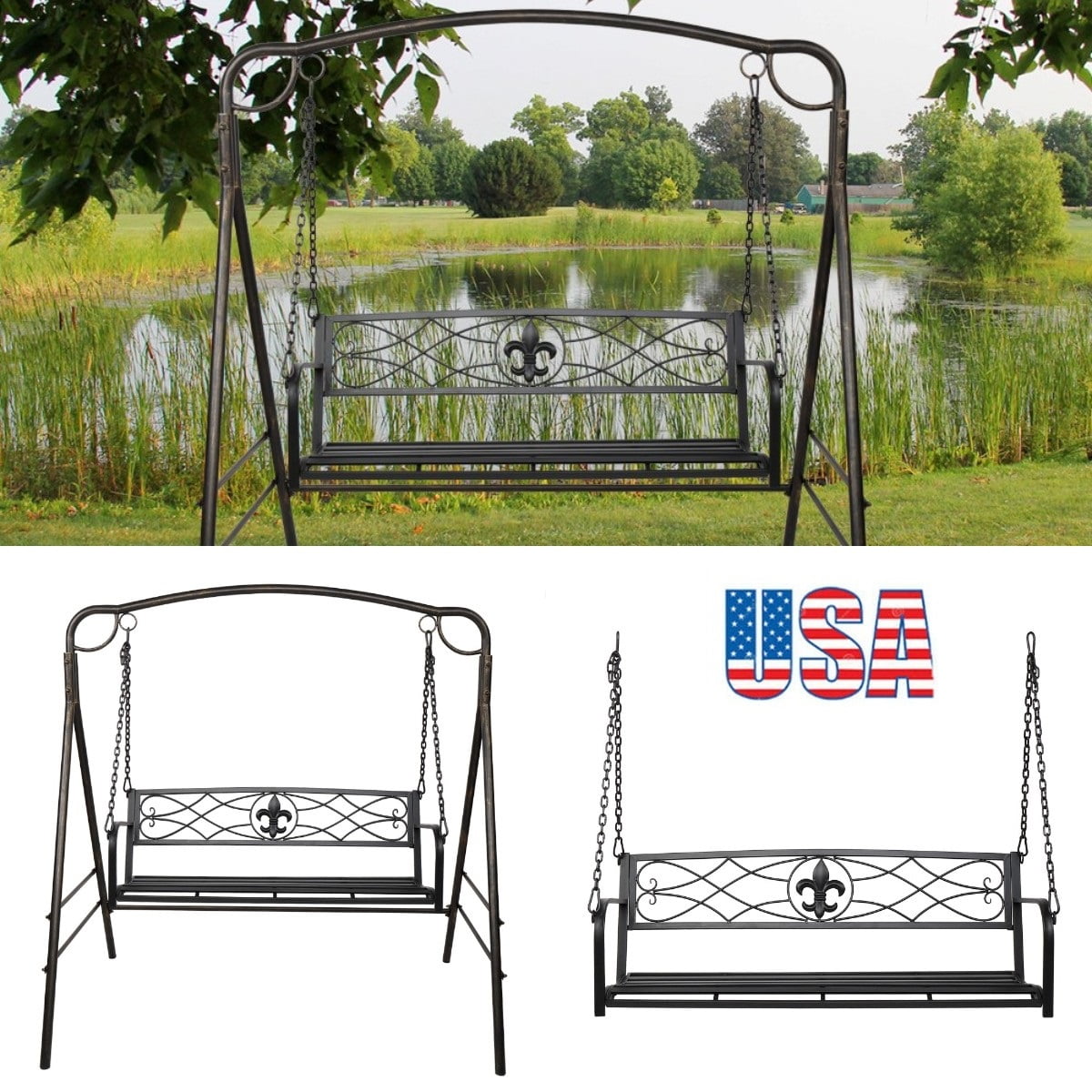 Goorabbit Porch Swing Bench,Outdoor Swing Bench Metal Patio Porch Swing