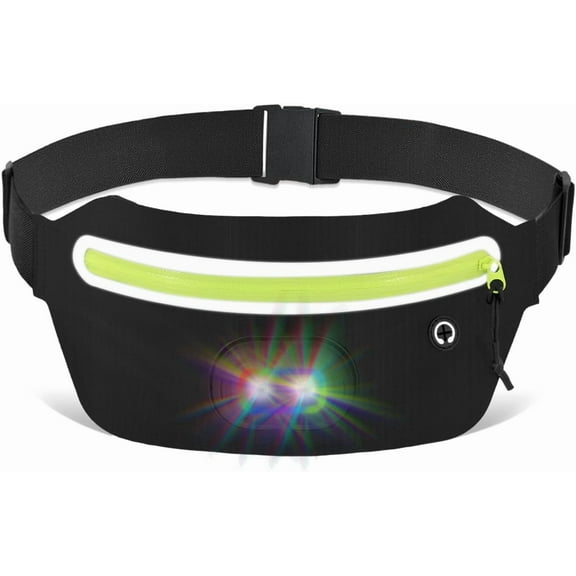 Slim Fanny Pack for Men Women, Running Belt Bag Waist Pack with Removable Rechargeable RGB Night Light & Reflective Tape, Running Pouch Belt Phone Holder with Earphones Hole