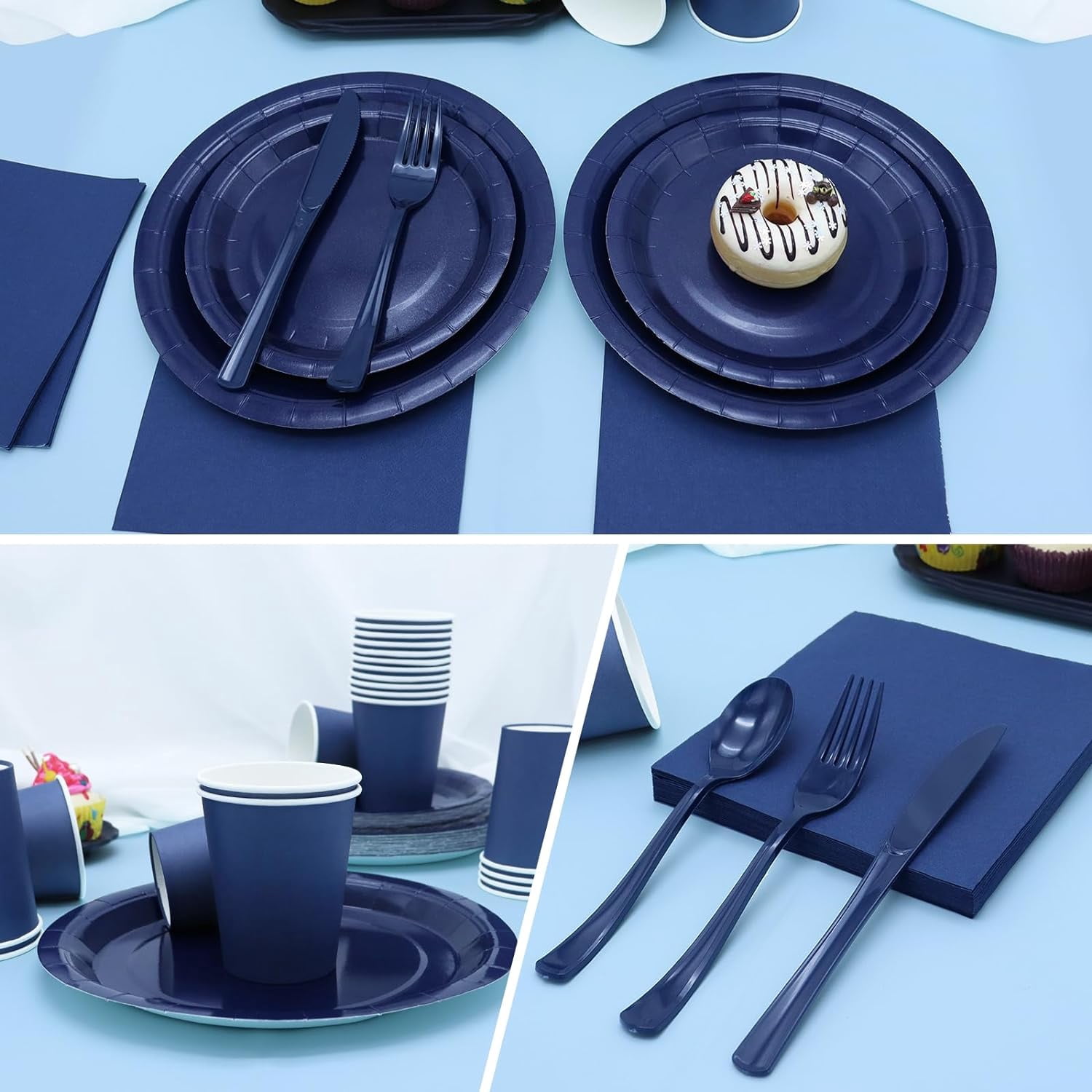 168Pcs Navy Blue Party Supplies for Navy Blue Party Decorations includes Paper Plates and Napkins Cups Utensils,Blue Disposable Plates Set for Boy Baptism Birthday Graduation Serve 24 Guests