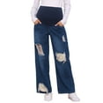 thumbnail image 1 of Jeans de maternidad para mujer INSPIRE CHIC, rasgados, desgastados, con parches de encaje, soporte sobre el vientre, pantalones de mezclilla para el embarazo, color azul oscuro, 1 of 6