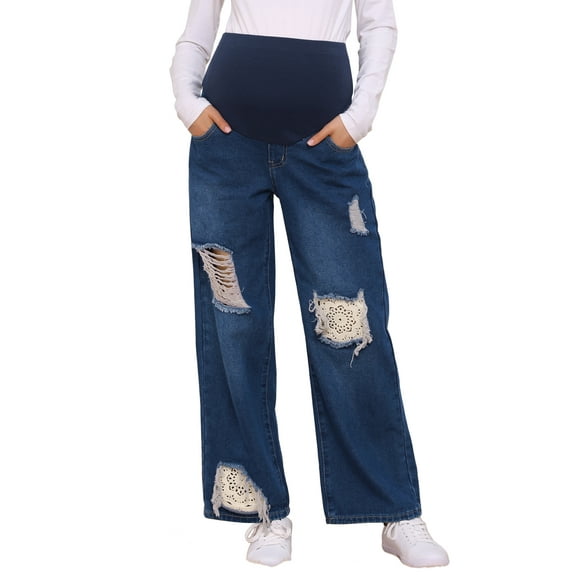 INSPIRE CHIC Womens Maternity Jeans Ripped Distressed Lace Patchwork Over the Belly Support Pregnancy Denim Pants M Dark Blue