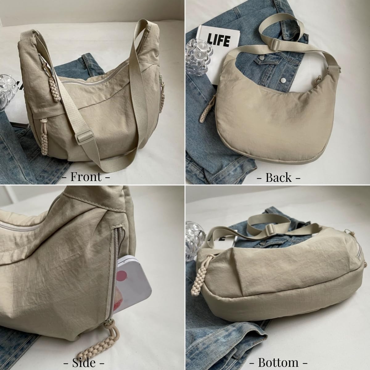 NANAHuang Nylon Crossbody Bags for Women, Trendy Medium Crescent Bag, Lightweight Woman Over Shoulder Purse with Zipper