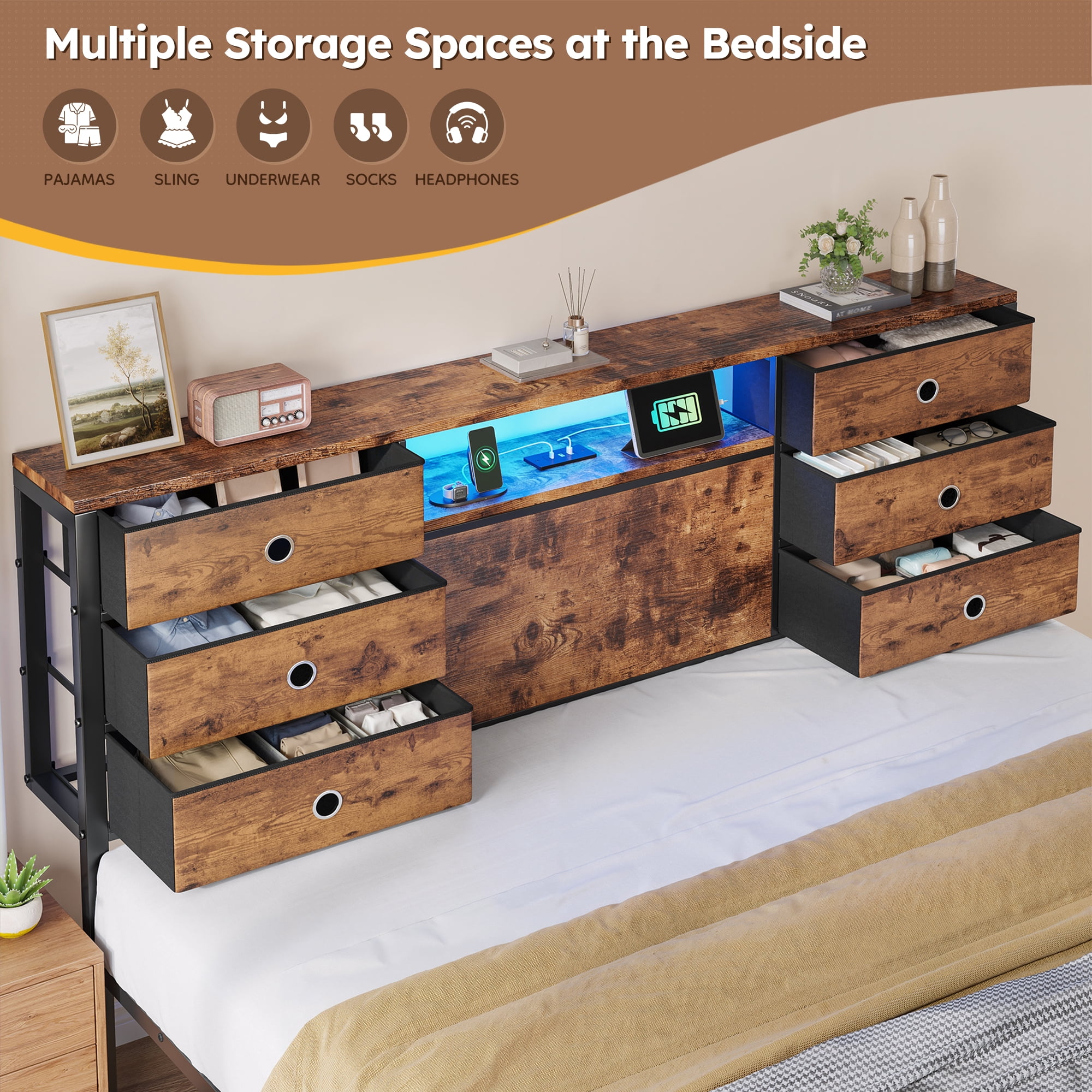 EnHomee Metal Bed Frame with 9 Storage Drawers Metal Bed Frame King with Headboard & LED Light & Charge Station,Rustic Brown