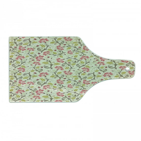 Ladybugs Cutting Board, Curving Flower Design with Ladybugs and Retro Features Small Beetles Theme, Tempered Glass Cutting and Serving Board, Wine Bottle Shape, Pale Green Pink, by Ambesonne