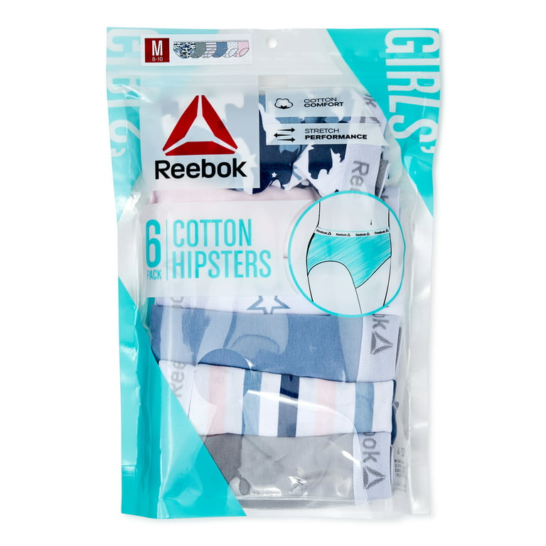 Reebok Girls Underwear Cotton Stretch Hipster Panties, 6-Pack, Sizes S-XL 