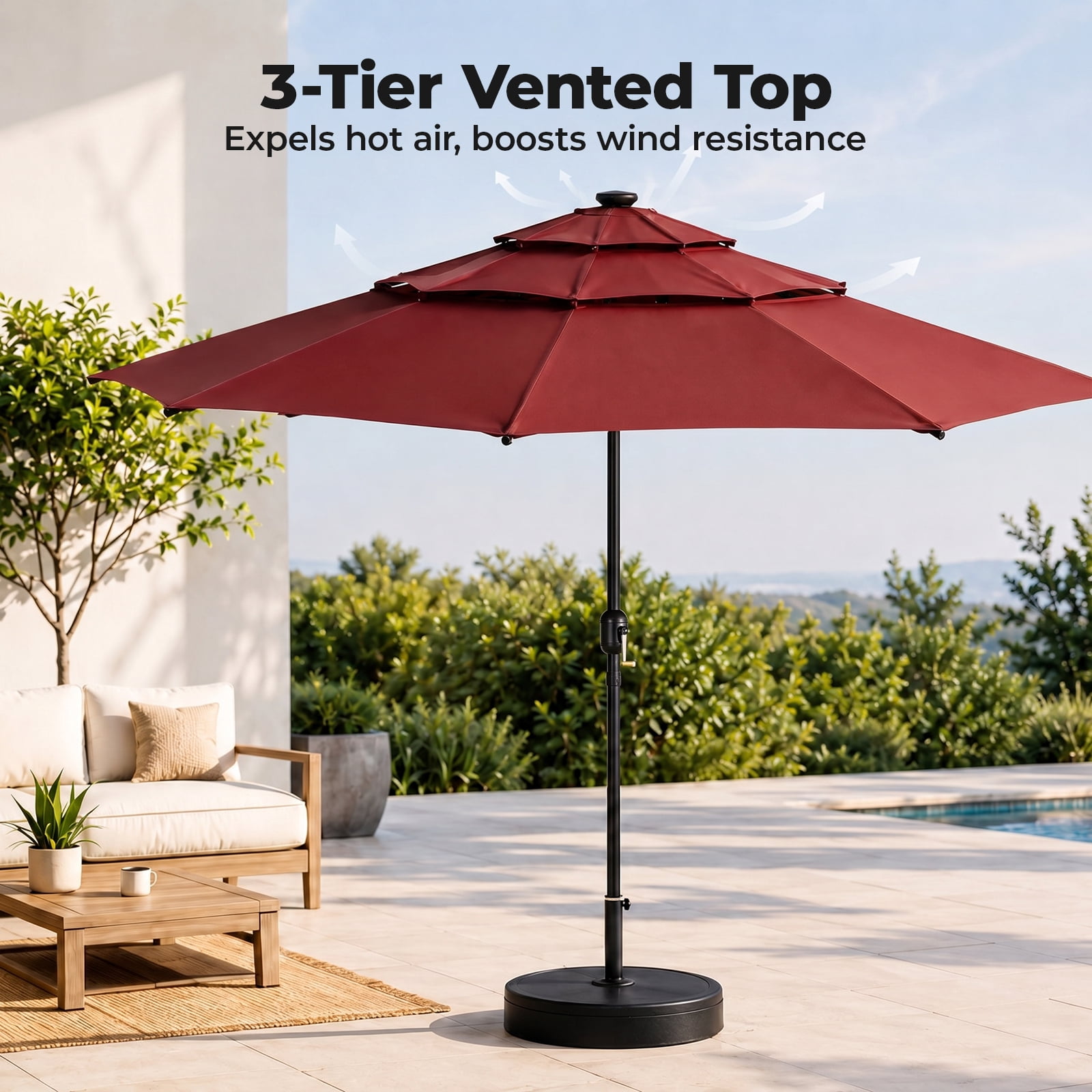 Alvantor 10Ft Solar Patio Umbrella with 32 LED Lights, 3-Tier Vented Outdoor Table Umbrella with Push Button Tilt and Crank, UPF 50+ UV Protection