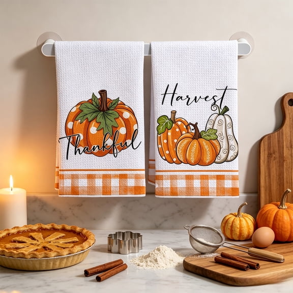Fall Harvest Kitchen Towels - Set of 2 Weave Pumpkin Thankful Harvest Printed Dish Towels Orange Plaid Trim - Thanksgiving Kitchen Counter Home Farmhouse Decoration, 24"x16"