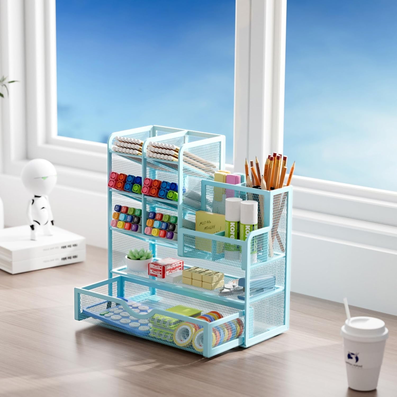 Mesh Pen Holder for Desk, Multi-Functional Pencil Organizer with Drawer, Desk Organizers and Accessories for Office Art Supplies (Blue)