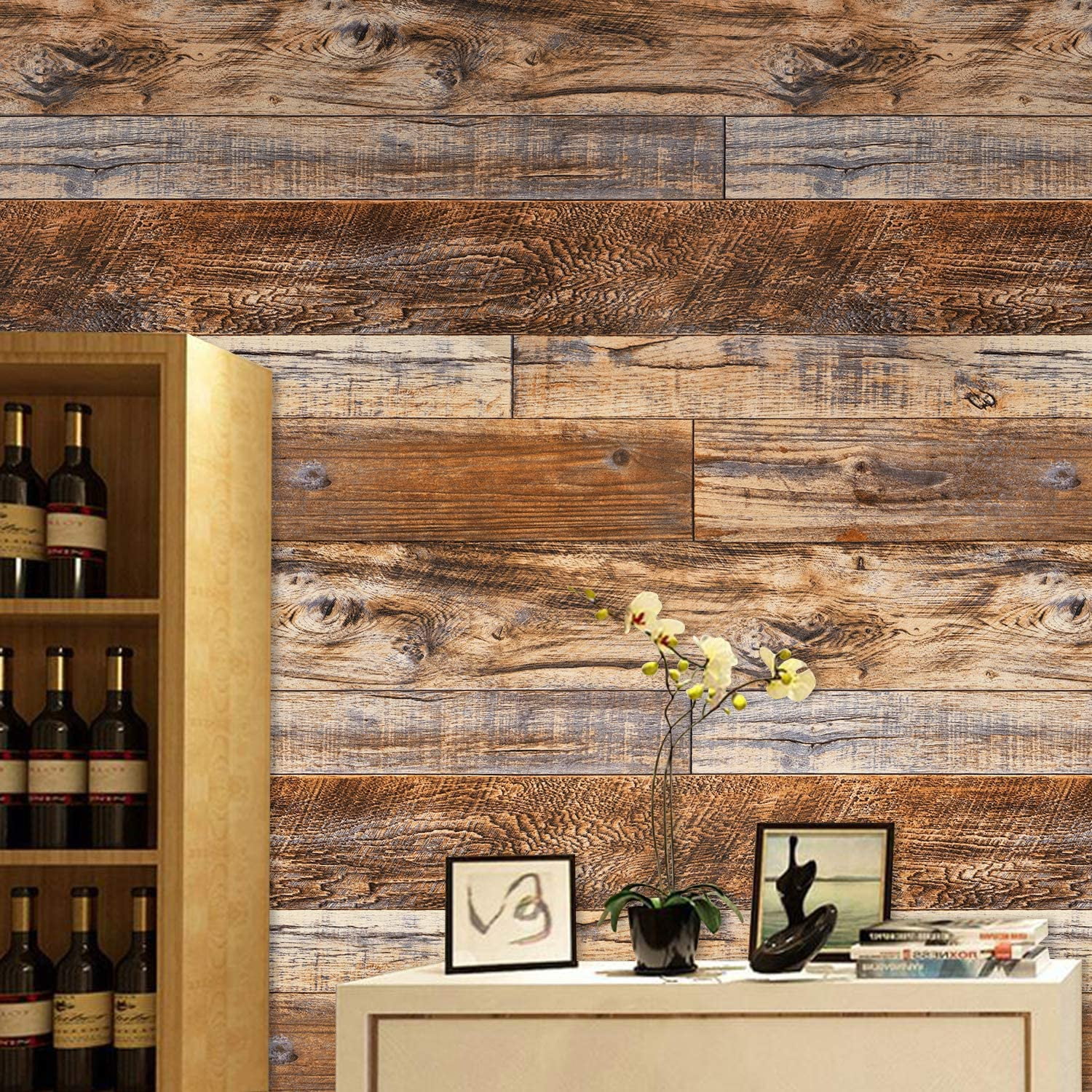 Caltero Peel and Stick Wallpaper Brown Wood Grain Wallpaper Self-Adhesive Contact Paper 17.72 in x 32.81 ft