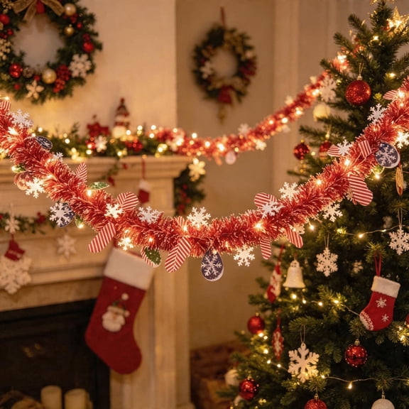 9.8 Ft Red Tinsel Garland with Light, Christmas Metallic Foil Tinsel Garland Decorations for Christmas Tree Parade Floats Halloween New Year Holiday Birthday Party Supply (Red)