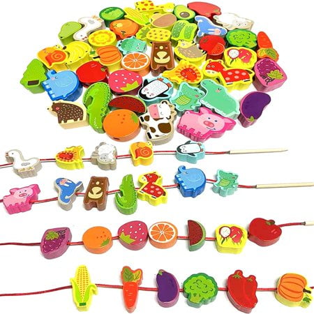 Intsinzi 46 PCS Montessori Wooden Lacing Beads Toys for Toddlers Educational Stringing Animals Fruits Farm Threading Beads Preschool Learning Toys for Kids 3 4 5 6 Year Old Boys Girls