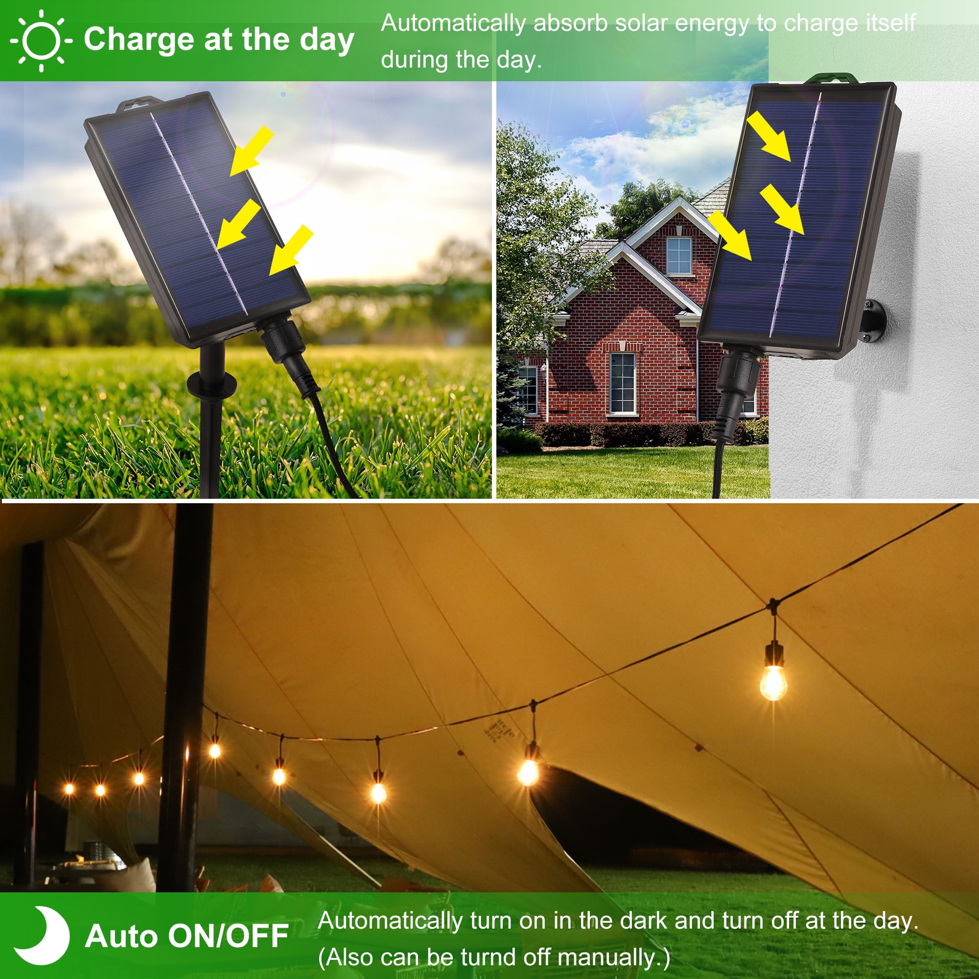 60FT Solar Powered LED Outdoor String Lights, 3 Color Changing hanging Patio Lights, for Backyard Garden Patio Pergola Gazebo Bistro Bedroom Christmas Wedding Party