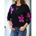 thumbnail image 6 of Floral Sweaters for Women Contrast Color Striped Crew Neck Long Sleeve Loose Knit Pullover Tops Black M, 6 of 10