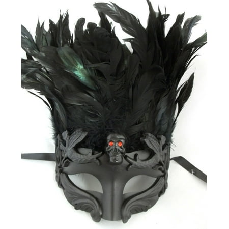 Black Skull Red Eyes Feather Masquerade Mardi Gras Men's Mask