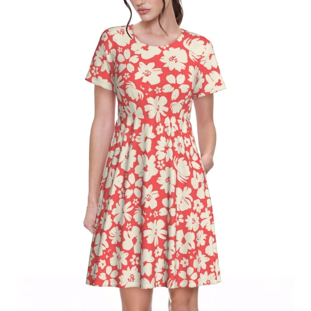 Balery Beige Flowers Vestidos sueltos de manga corta para mujer, vestidos de verano 2025, vestidos casuales de corte A con vuelo.