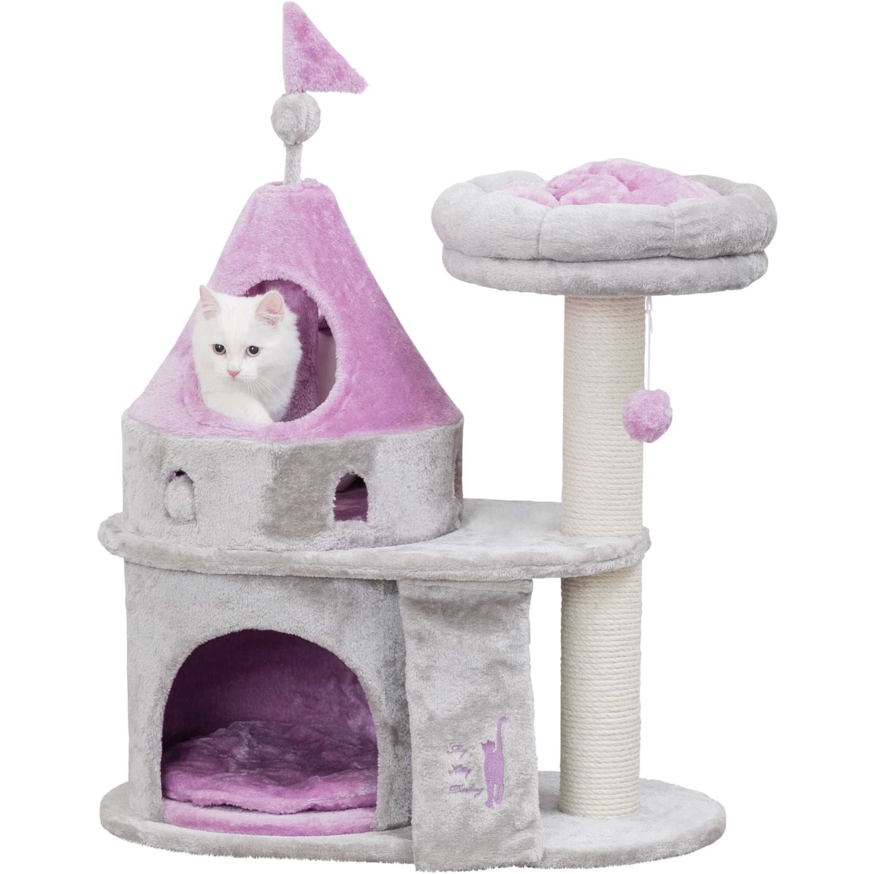 TRIXIE My Kitty Castle Plush 35.5" Cat Tree, Sisal Scratching Posts, Rustling Fabric, Gray