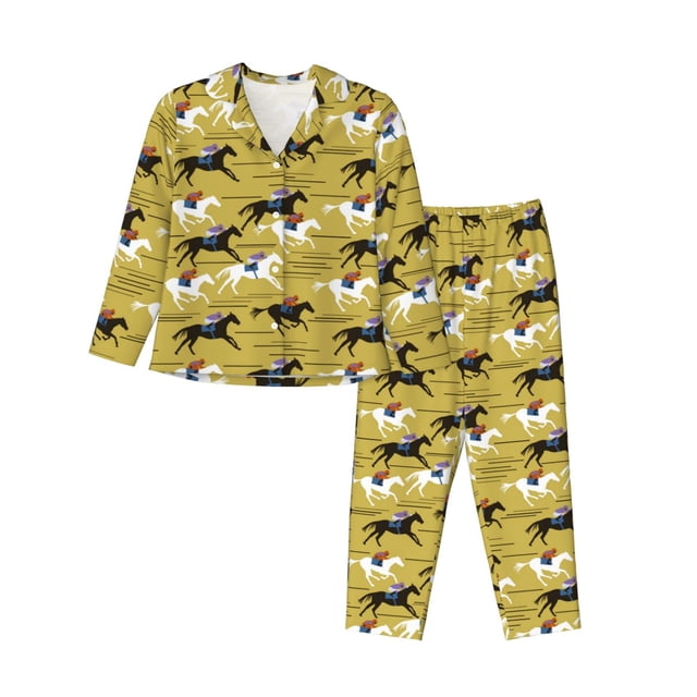 Balery Horsemen In Horseraces Conjunto de Pijama con Estampado para Mujer, Conjunto de Dos Piezas con Manga Larga, Ropa de Dormir Suave con Bolsillos, Pijamas Cómodos-X-Large