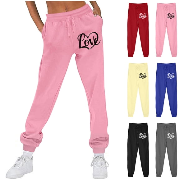 Sakmal Sweatpants Women Love Baggy Valentines Fleece Lined Joggers Pants Heart Print Beige with Pockets 30" Inseam Joggers for Women L