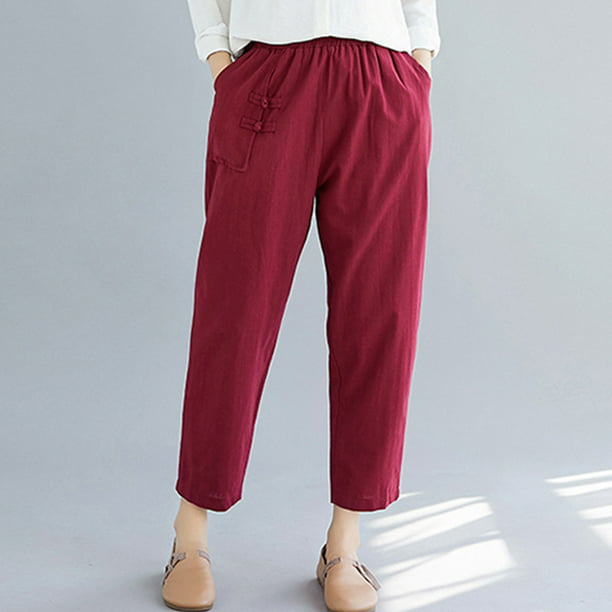 Women Cotton Linen Pants Solid Color Elastic Waist Side Pockets Loose ...
