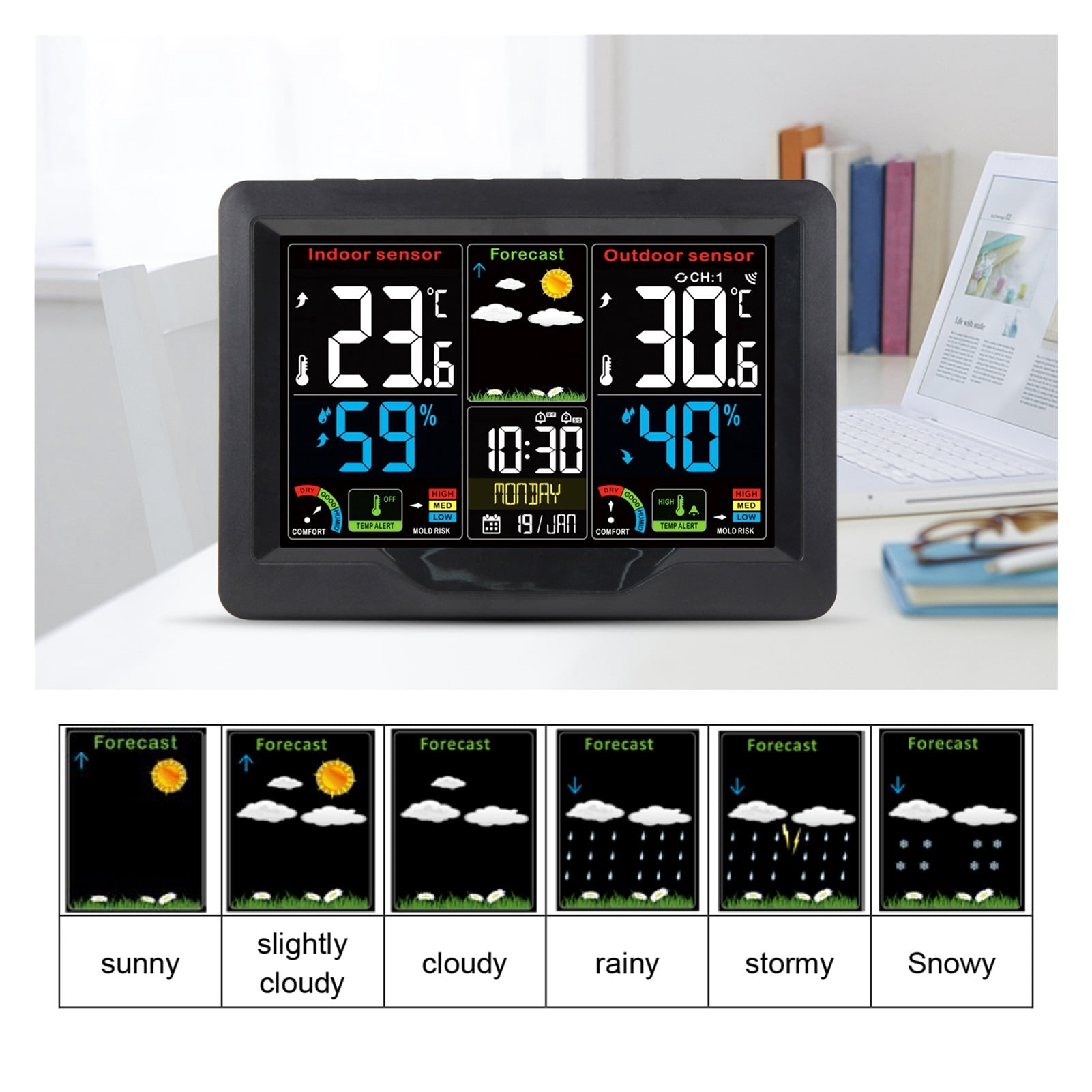 Weather Forecast Station Clock  Indoor Outdoor Color Screen Clock with  Transmitter Digital Temperature and Humidity