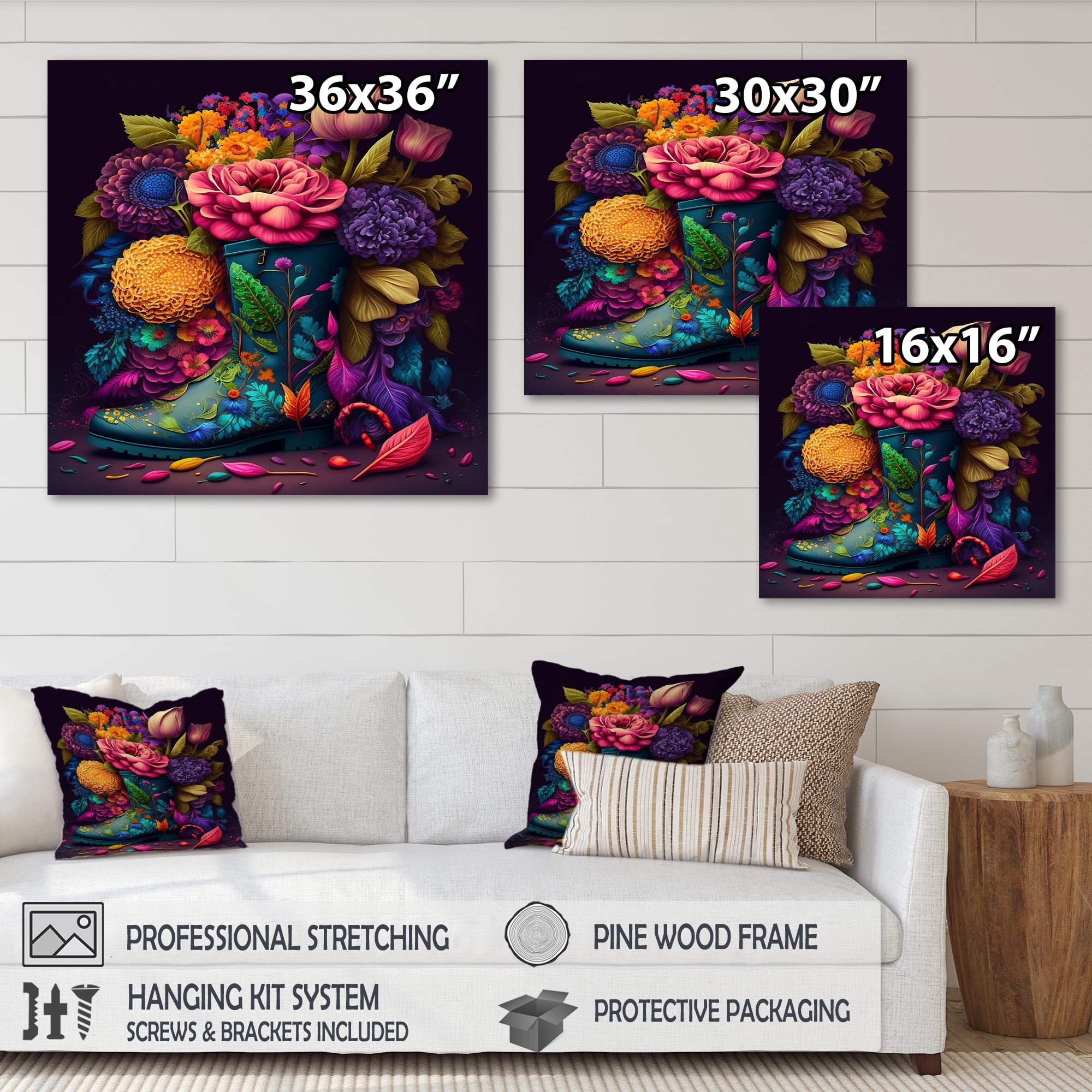 Designart Bright Floral Bouquet In Farm Boots III Canvas Wall Art