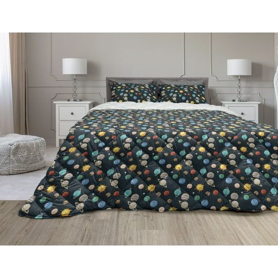 Universe Comforter & Sham Bedding Set, Solar System Print of Various Planets Galaxy Scientific Details, 3 pcs Duvet Set Microfiber Filling Quilt, 5 Sizes, Dark Teal and Multicolor, by Ambesonne