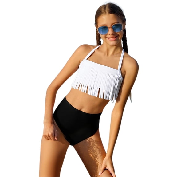 SGMVNU Girls Swimsuit 2 Piece Ruffled Bikini Set Girls Swimwear 10-12 Floral/ Tropical Print Swimwear Set Summer Beach Bathing Suit, Size 13-14 Years, 2-White