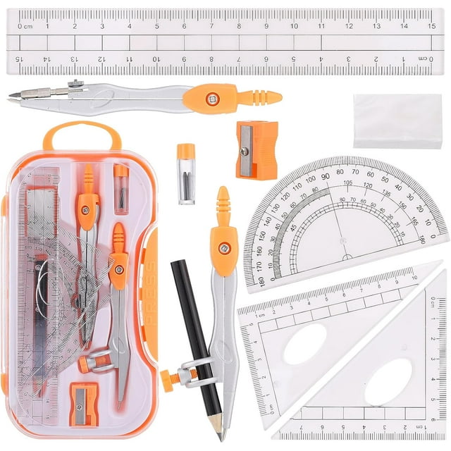 Ensemble de Géométrie, 10 Pcs Kit de Mathématiques Fournitures Scolaires Boussole Kit de Géométrie Comprend Ensemble de Protracteur Aiguiseur de Crayons Règle Gomme Recharges Boussole Crayon pour Dessin (Orange)