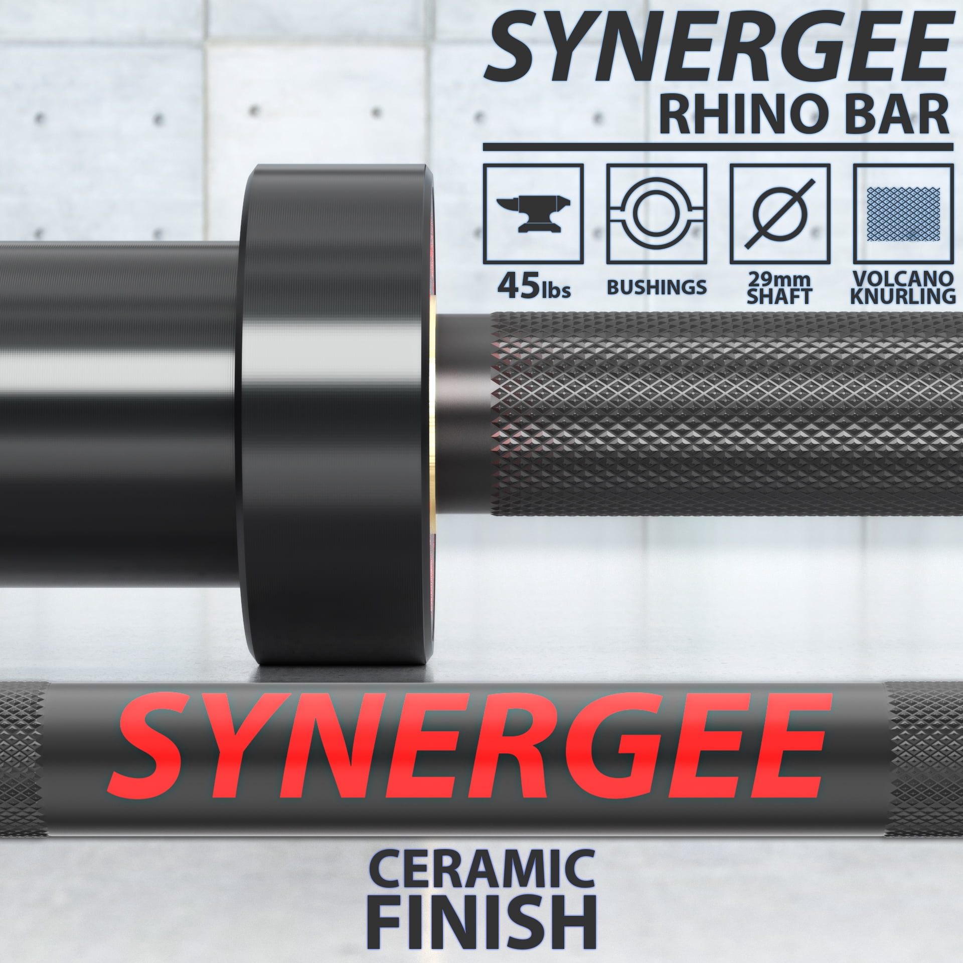 Synergee Rhino Powerlifting Barbell - Power Bar - Squat, Bench Press, & Deadlift Bar - 45 lbs, 29 mm, Power Lifter Bar