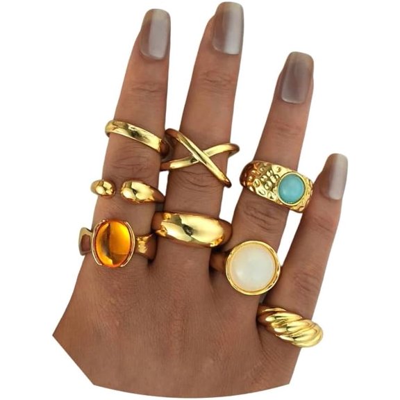 Gold Chunky Hammered Dome Rings Set,Open Adjustable Acrylic Pleated Stacking Knuckle Finger Ring Set Punk Party Jewelry Accessories Gift for Women