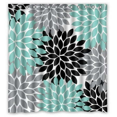 GreenDecor Black Grey Green Dahlia Floral Waterproof Shower Curtain Set with Hooks Bathroom Accessories Size 66x72 inches