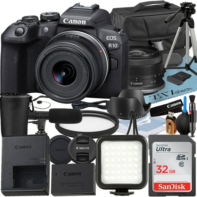 Canon EOS R10 Mirrorless Camera with RF-S 18-45mm Lens + SanDisk 32GB Memory Card + Case + LED Flash + ZeeTech Accessory Bundle
