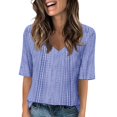 thumbnail image 2 of CIENVNSTG Tops For Women V Neck Short Sleeve Casual Fit Hollow Out Knit Oversized T Shirts Basic Summer Petite Office Tunic Top Ladies Blouse Blue L, 2 of 5