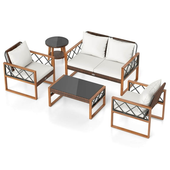 Gymax 5 PCS PE Wicker Patio Furniture Set w/Acacia Wood Frame Cushions for Deck Garden